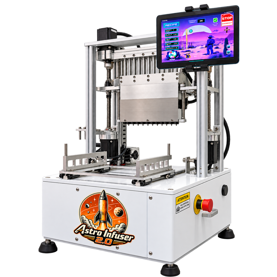 White Astro Infuser 2.0 machine with touchscreen interface, production count, and "Stop" button.