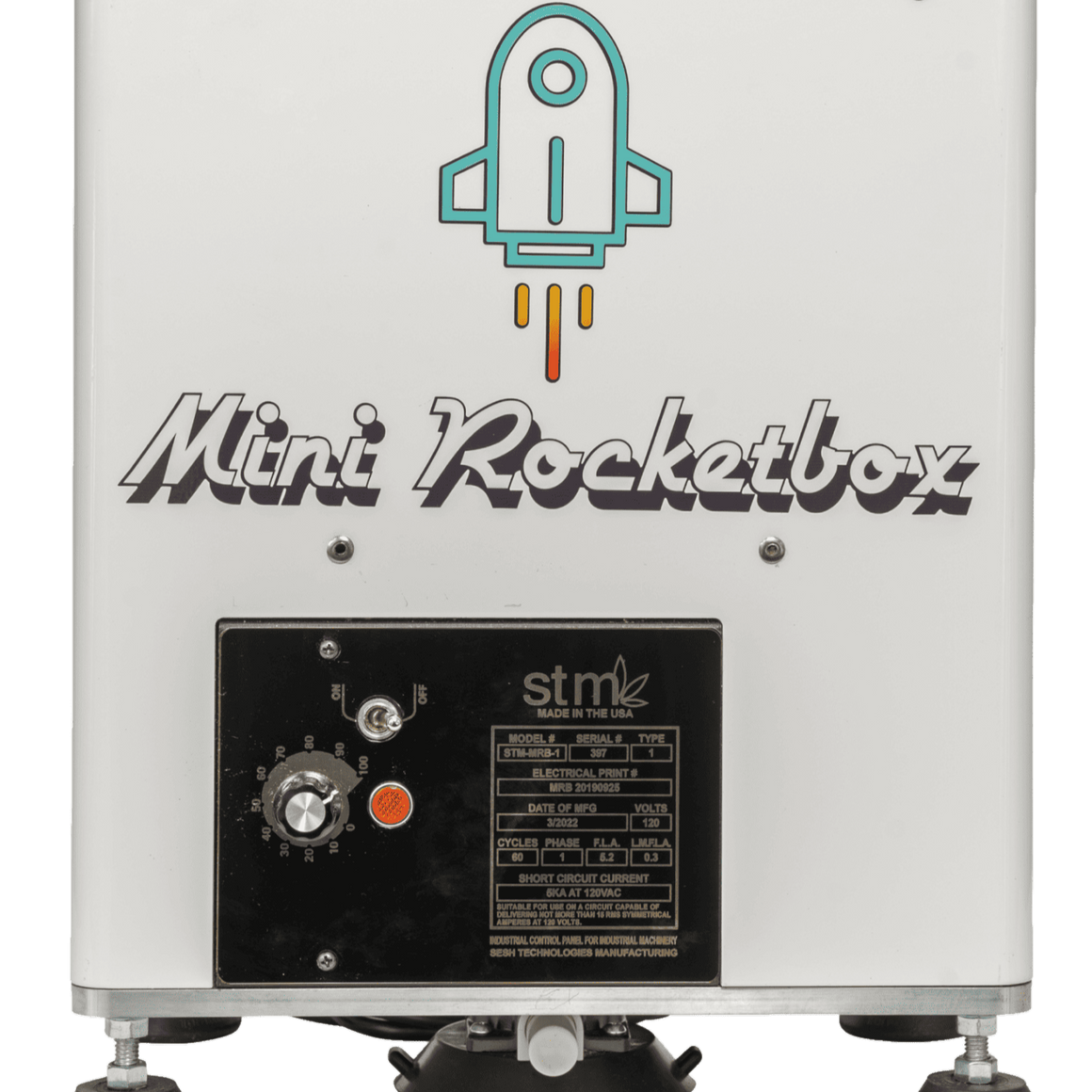 Mini Rocketbox cone filling machine with rocket graphic.