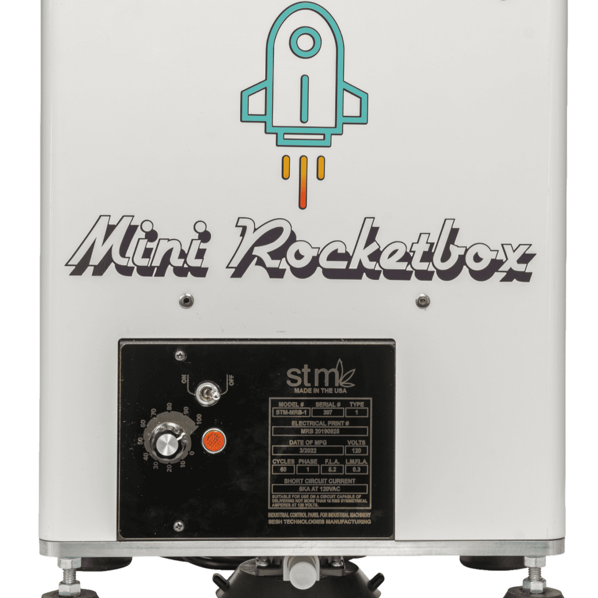 Mini Rocketbox cone filling machine with rocket graphic.