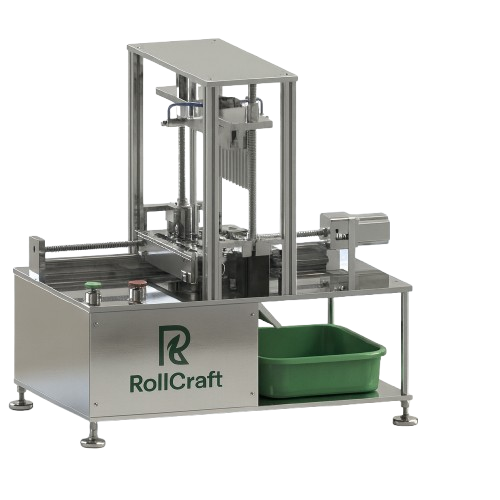 RollCraft ATC 7 automated machine with stainless steel frame, green collection bin, and green/red buttons.