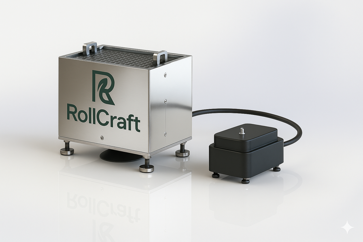 Shiny metal RollCraft machine with green logo, connected to black device.