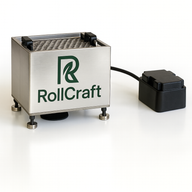 A stainless steel RollCraft device with a black cord and foot pedal on a white surface.