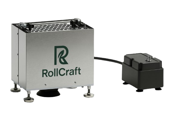 RollCraft stainless steel device with green logo and "RollCraft" text, connected to a black power adapter.