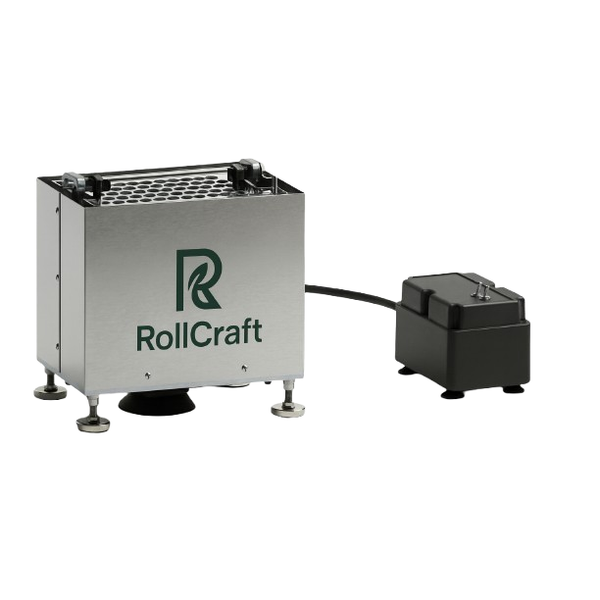 RollCraft stainless steel device with green logo and "RollCraft" text, connected to a black power adapter.