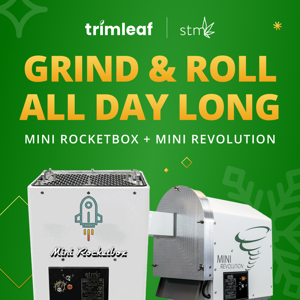 STM Canna holiday graphic: "Grind & Roll All Day Long" with Mini Rocketbox & Mini Revolution machines.