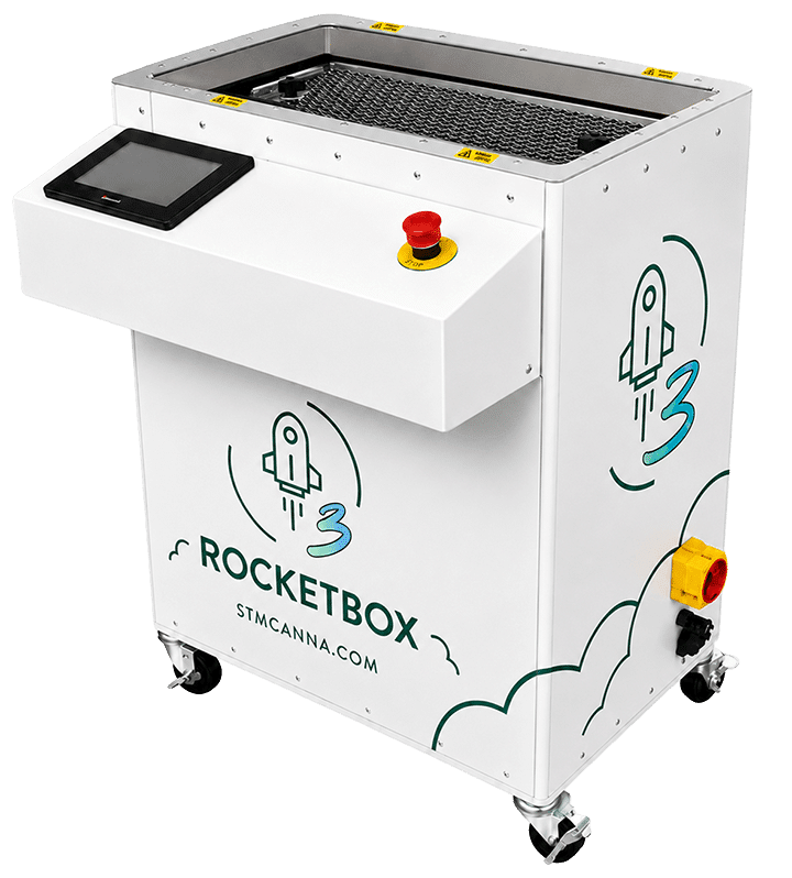 STM Canna RocketBox 3 pre-roll cone filling machine, white, with touchscreen, red emergency stop button, and logo.