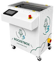 STM Canna RocketBox 3 pre-roll cone filling machine, white, with touchscreen, red emergency stop button, and logo.