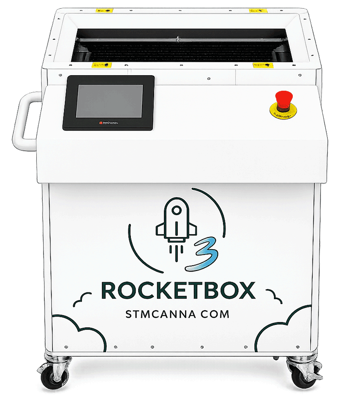 STM Canna RocketBox 3 pre-roll cone filling machine with touchscreen and emergency stop button.