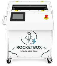 STM Canna RocketBox 3 pre-roll cone filling machine with touchscreen and emergency stop button.