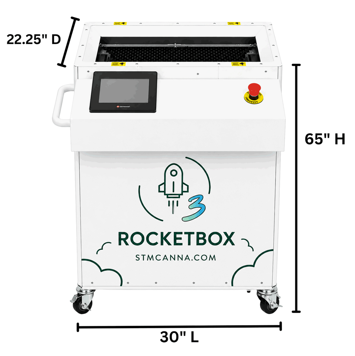 STM Canna RocketBox 3 pre-roll cone filling machine, white, 30"L x 22.25"D x 65"H.
