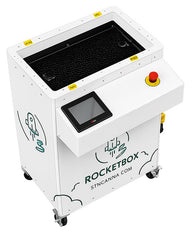 White STM Canna RocketBox 3 pre-roll cone filling machine with a touchscreen and red emergency stop button.