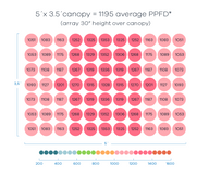 PPFD chart showing numbers in circles. 5' x 3.5' canopy, 1195 average PPFD, array 30