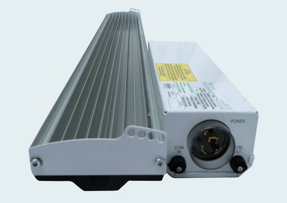 ScynceLED Raging Kale 2 Veg LED grow light, silver heatsink, white ballast, POWER input, COM IN/OUT.