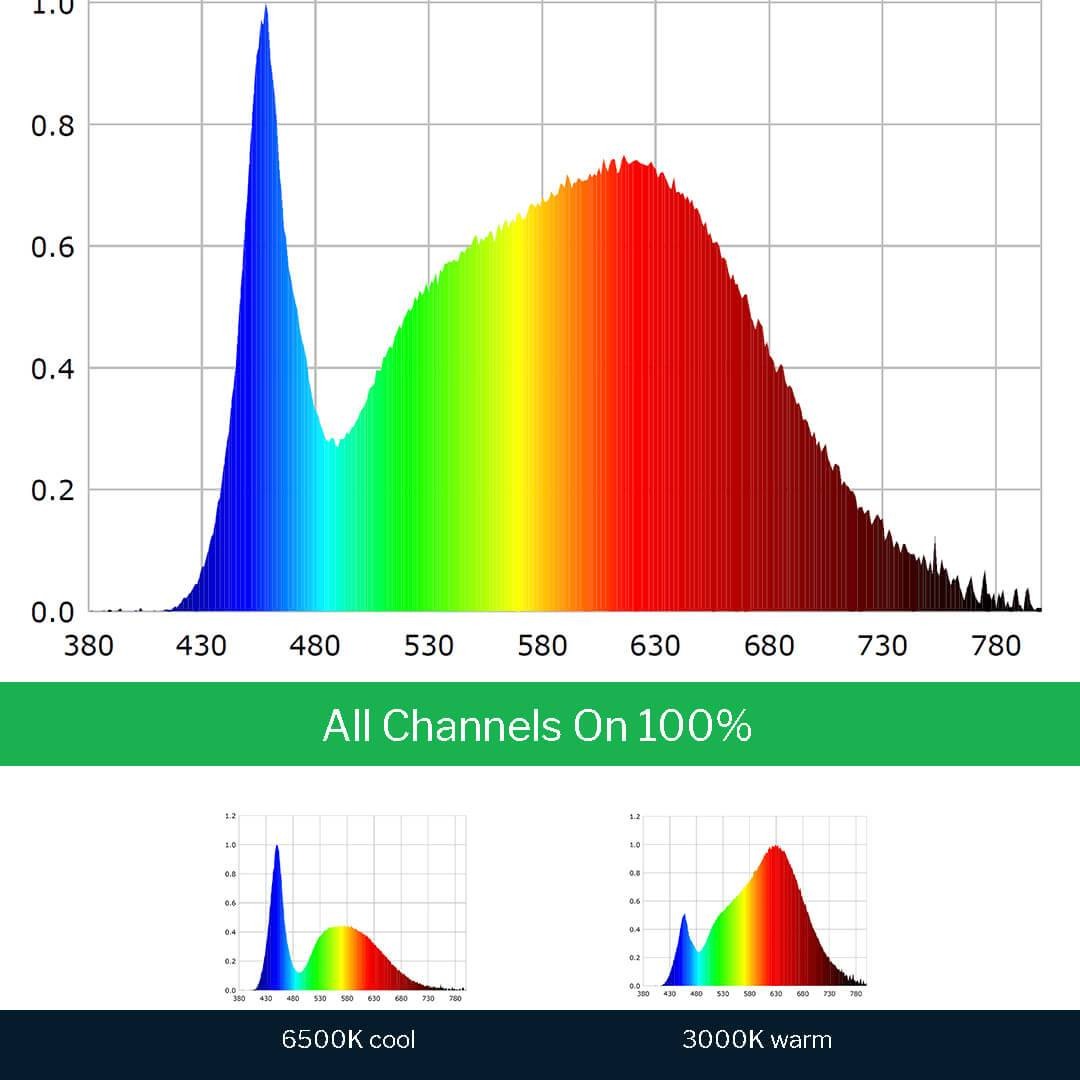 Full spectrum LED grow light's output: blue peak, broad green to red spectrum.