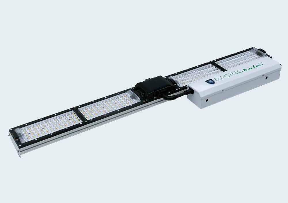 White LED grow light bar with multiple rows of diodes and a white power supply box.
