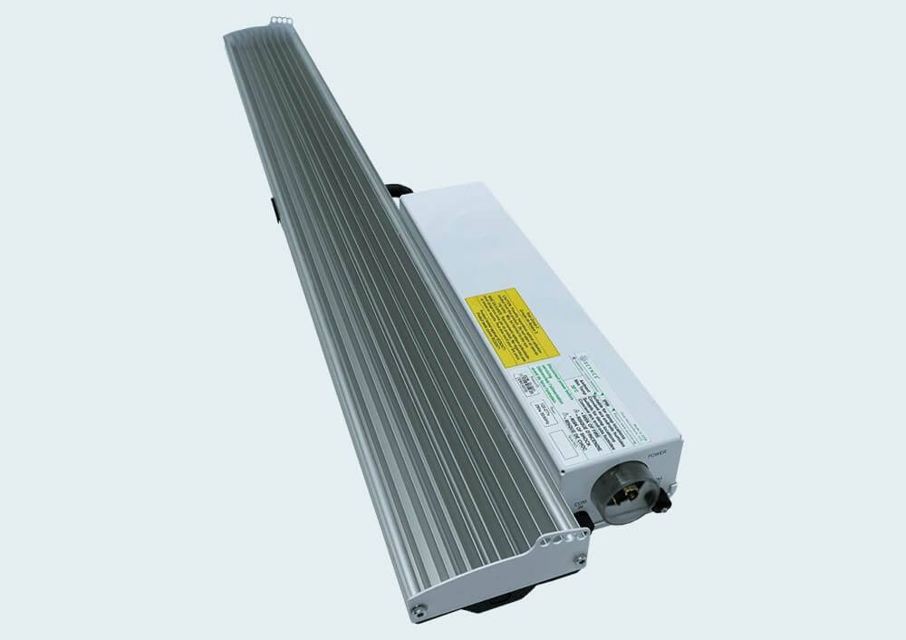 LED grow light with aluminum heat sink and driver box, ideal for plant cultivation.