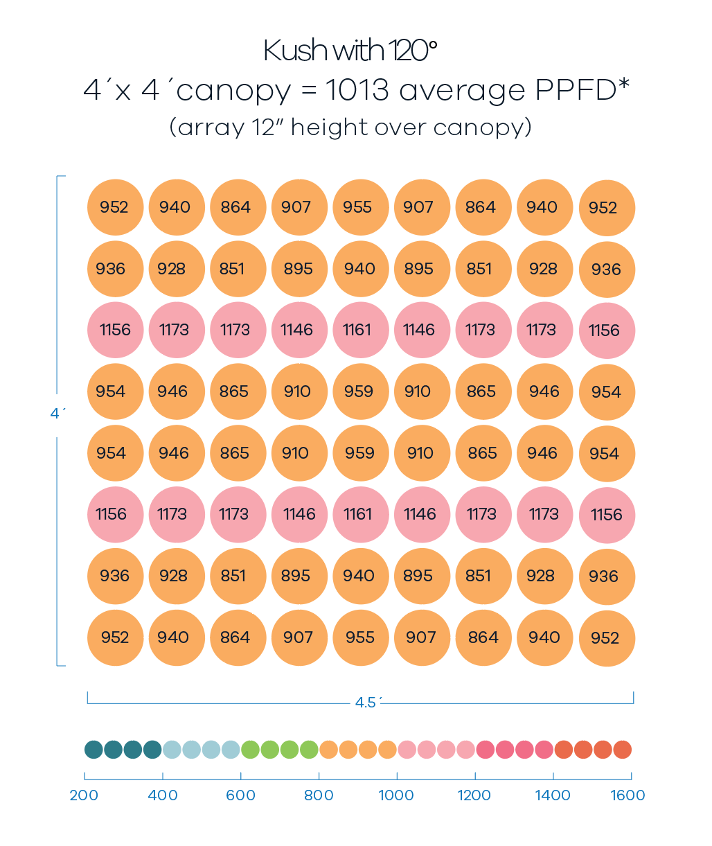 Scynce LED Raging Kush light array shows PPFD measurements in a grid.