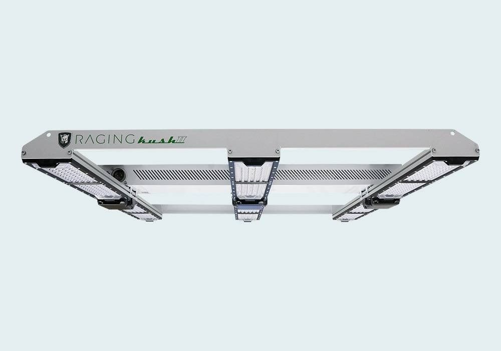 Raging Kush 2 full spectrum LED grow light, with three rows of bright LEDs, from a bottom angle.