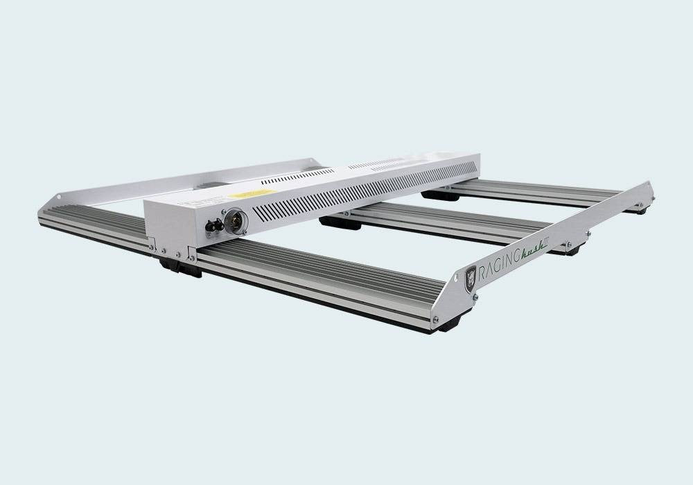 ScynceLED Raging Kush 2 full spectrum LED grow light with silver aluminum frame and white housing.