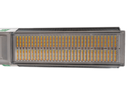 Close-up of a full-spectrum LED grow light with rows of orange and yellow diodes.