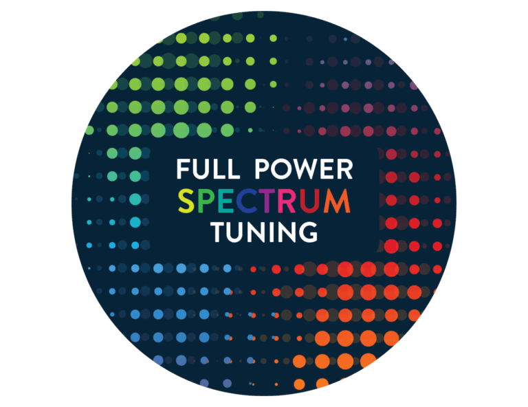 Full Power Spectrum Tuning logo with colorful dots forming a gradient effect on a dark blue circle.
