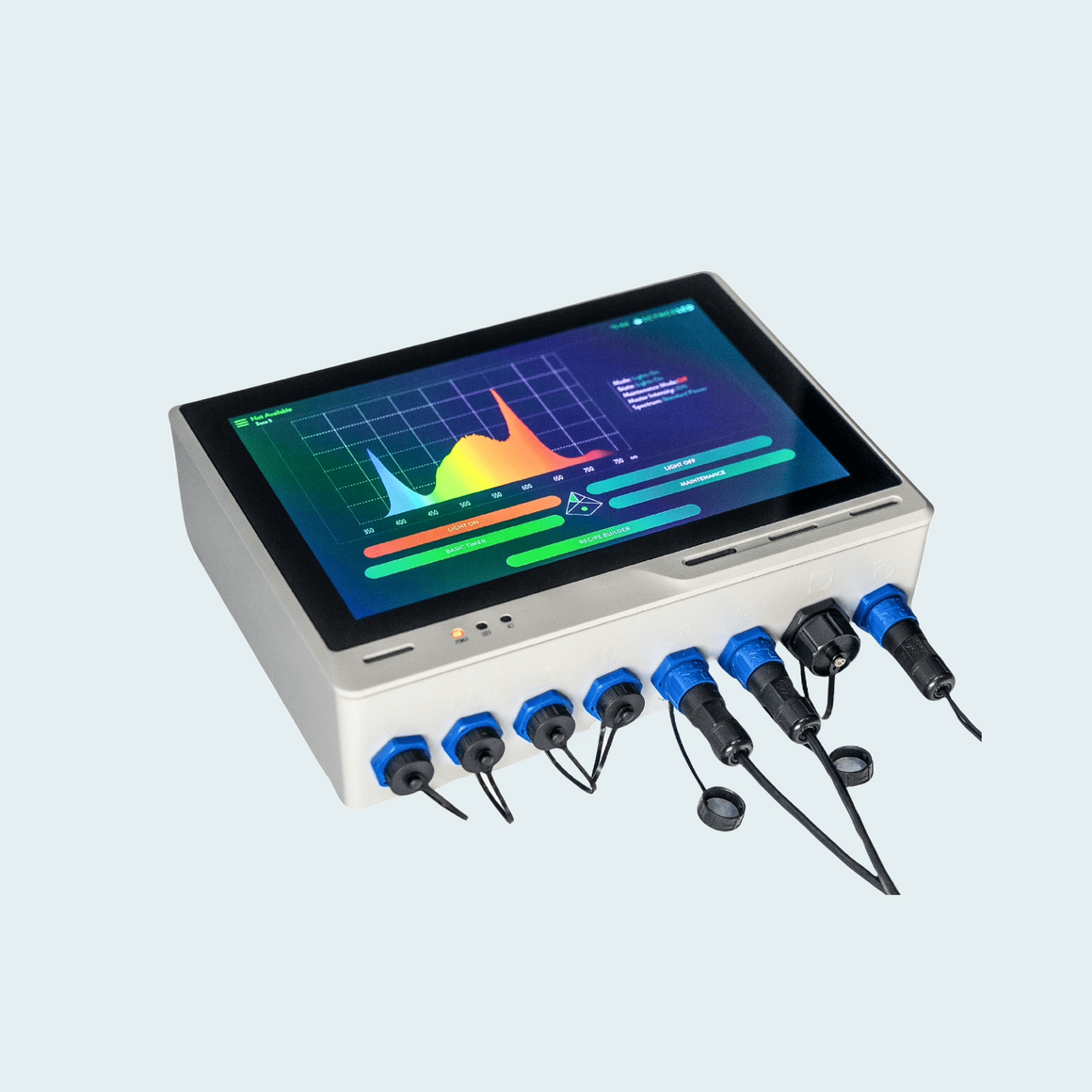 Scynce Theia Echo display unit showing a light spectrum graph with control buttons for light on/off and maintenance.