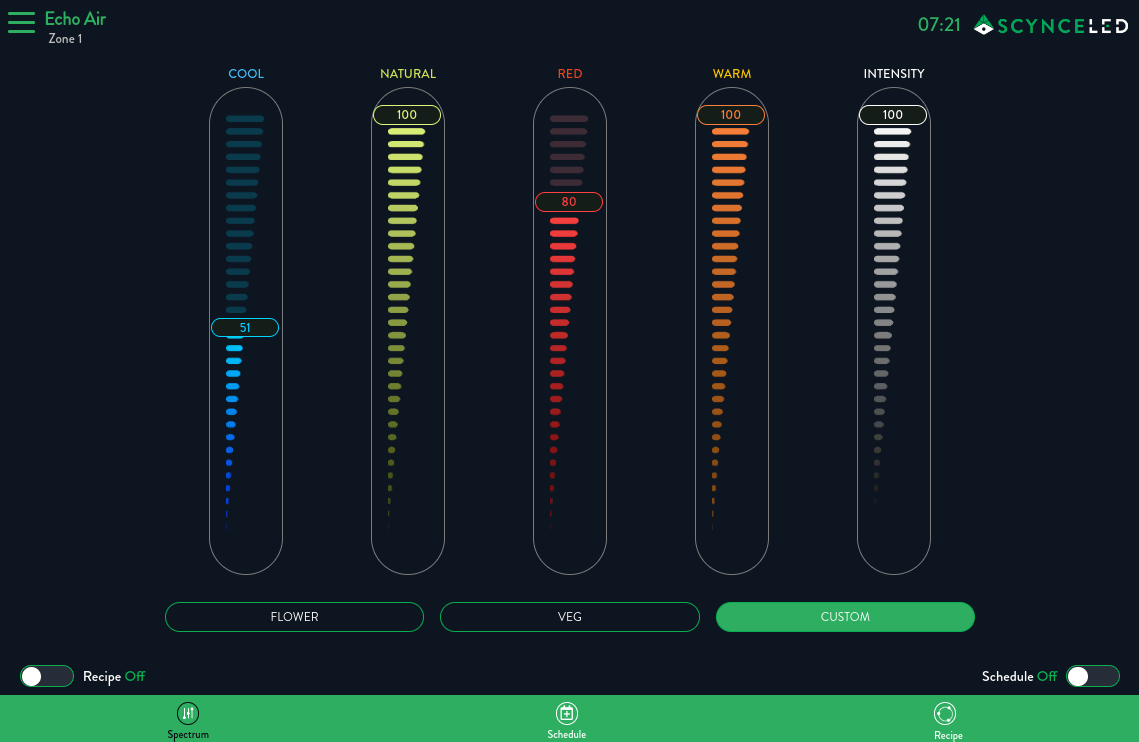 Scynce LED control panel: sliders for Cool, Natural, Red, Warm, Intensity, and mode buttons for Flower, Veg, Custom.