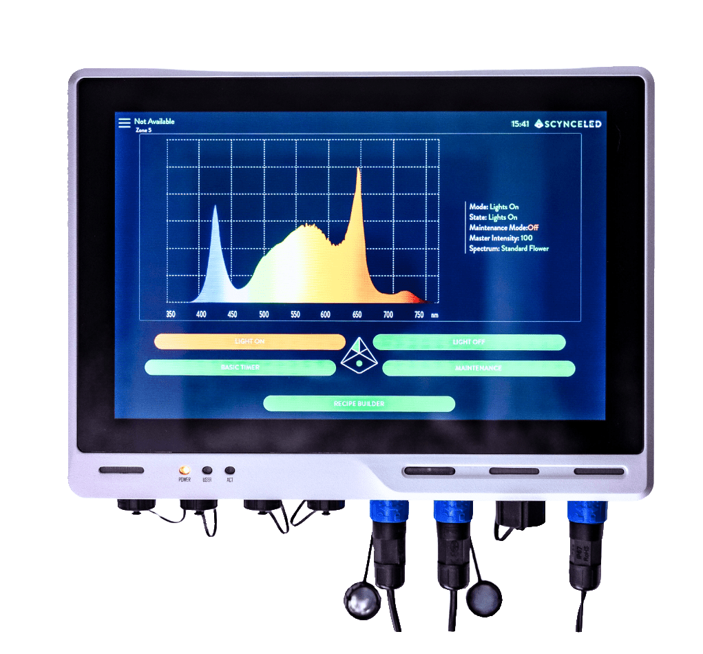 Scynce Theia Echo Display: Spectrum graph with "Lights On" and "Recipe Builder" buttons.