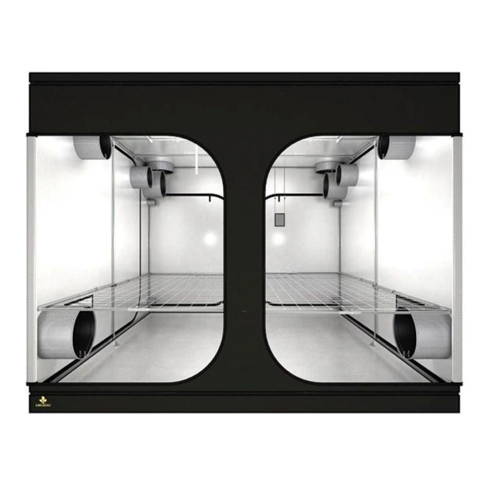 This is a side view of a 10x10x7-8 Secret Jardin Dark Room grow tent, featuring two sections divided by a central partition.