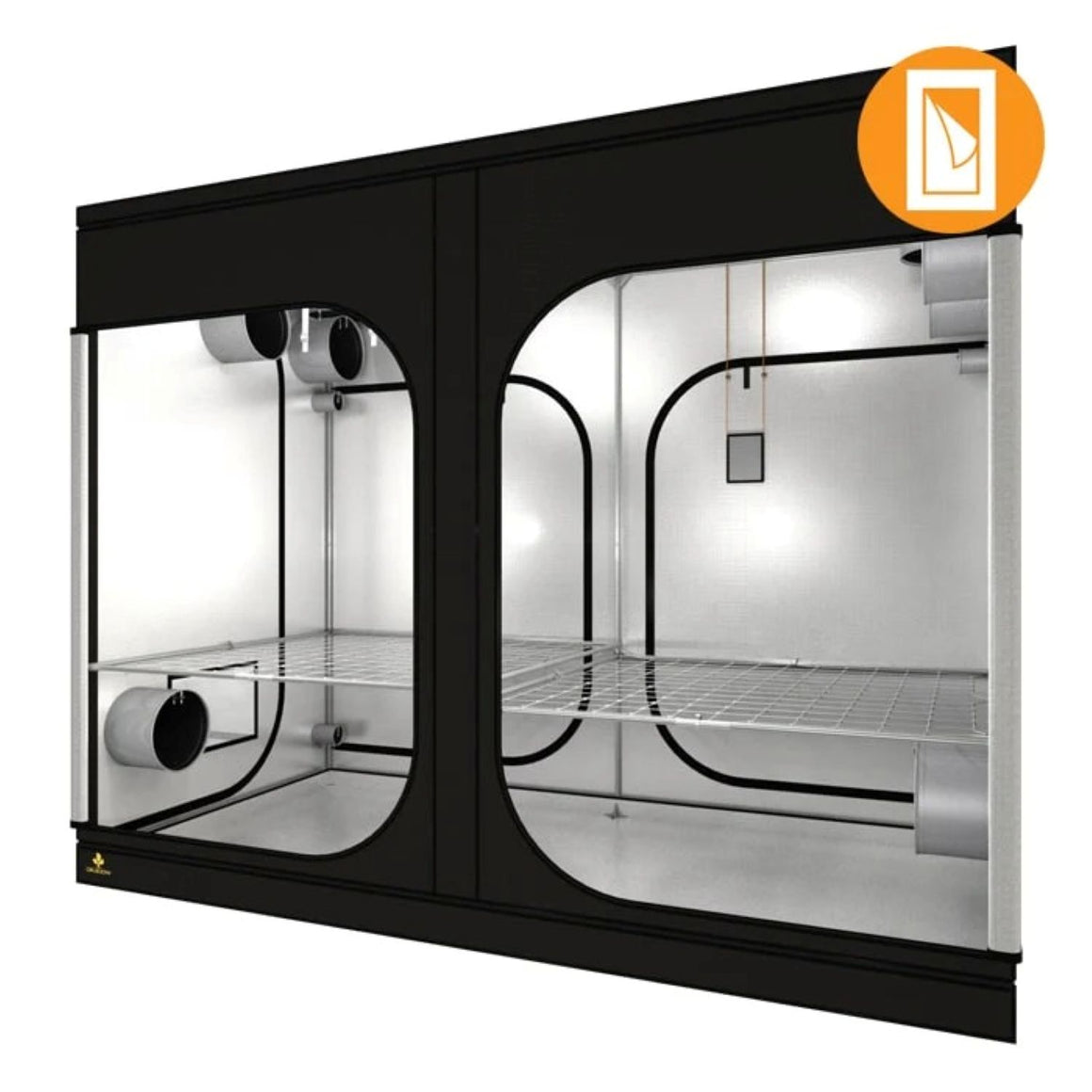 Secret Jardin Dark Room V4 10x5 grow tent with two compartments and wire shelves.
