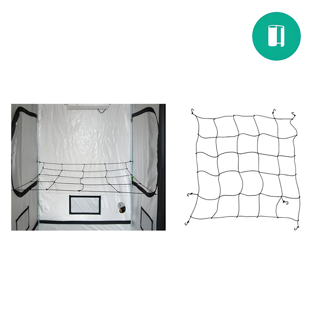 Secret Jardin trellis netting for a 2x2ft grow tent, showing the netting installed inside the tent and separate.