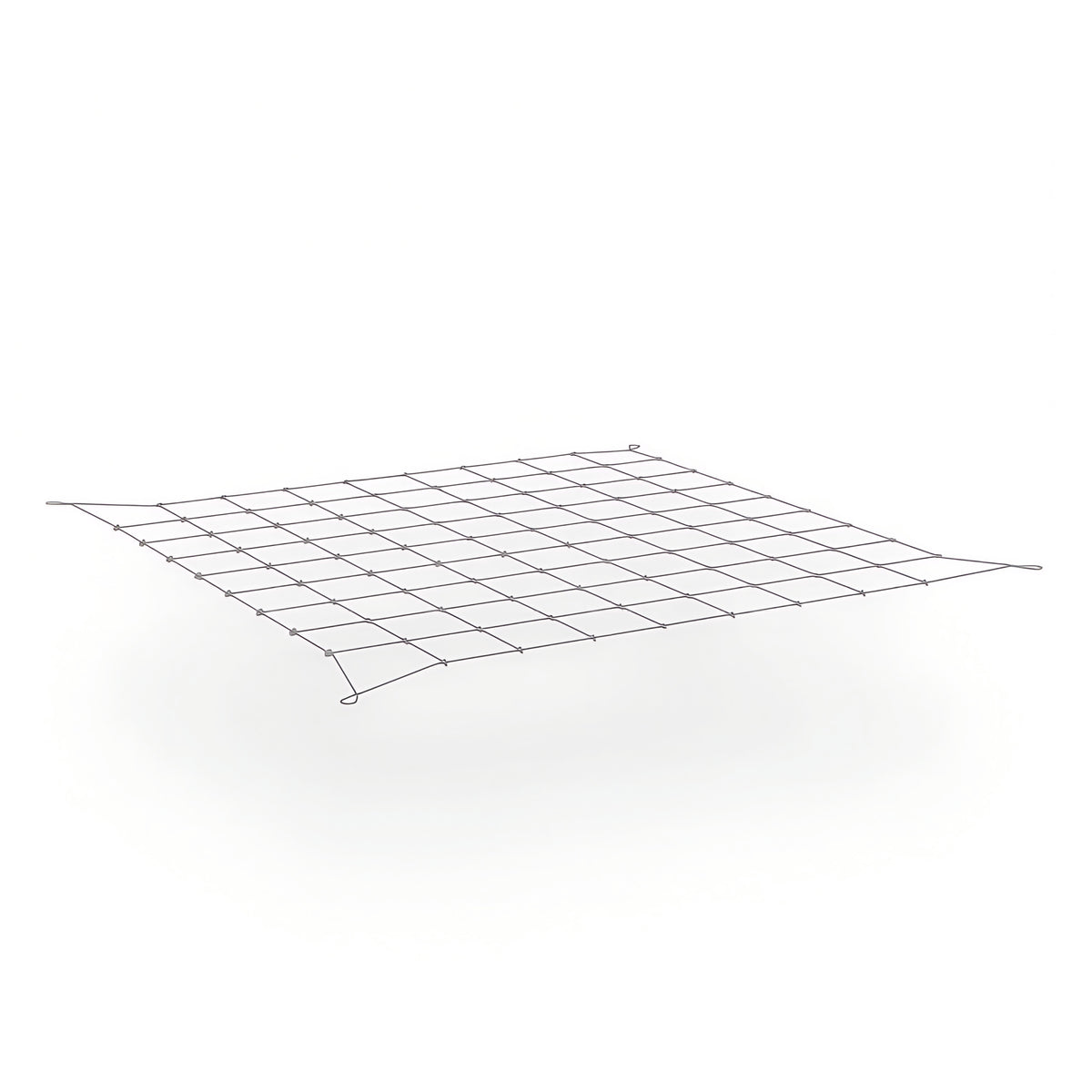 A square trellis netting with evenly spaced squares and loops at corners, on a white background.