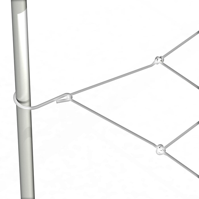 White trellis netting attached to a silver pole with small loops and knots.