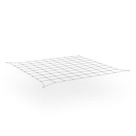 A square trellis netting with evenly spaced squares and loops at corners, on a white background.