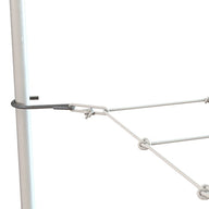 Close-up of a white net attached to a white pole with a metal clip and rope.