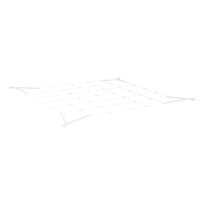 3x3ft netting with diamond-shaped mesh and metal hooks.