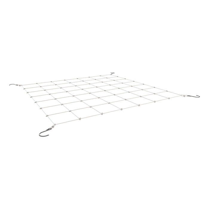 Black cargo net with metal hooks and grid pattern, white background.