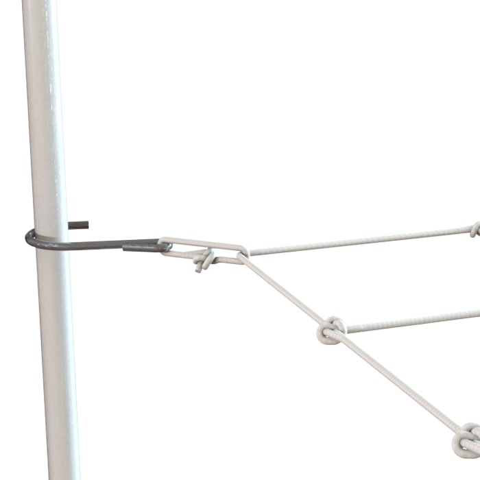 White netting secured to a pole with a metal loop and cable clamp.