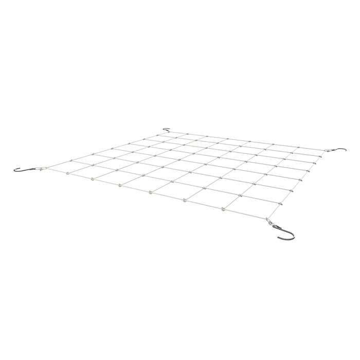 A white background behind a square netting with hooks.