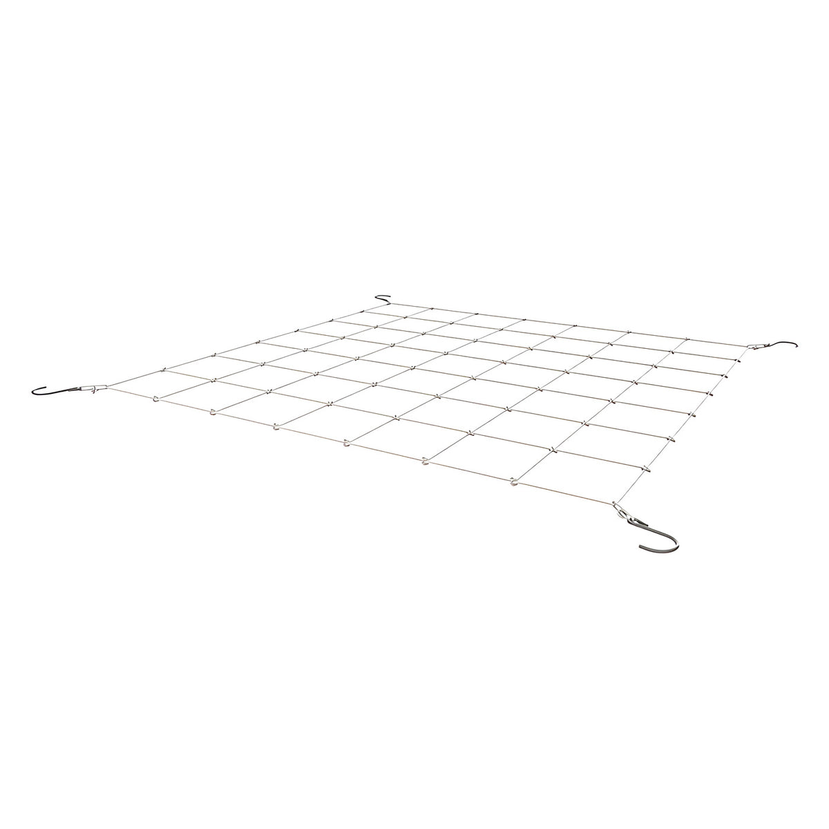 A white background behind a square netting with hooks.