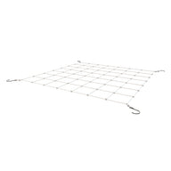 A white background behind a square netting with hooks.