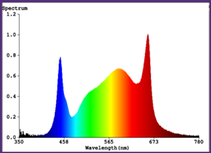 LED spectrum chart showing peaks in blue (458nm) and red (673nm) light with a broad green-yellow spectrum.