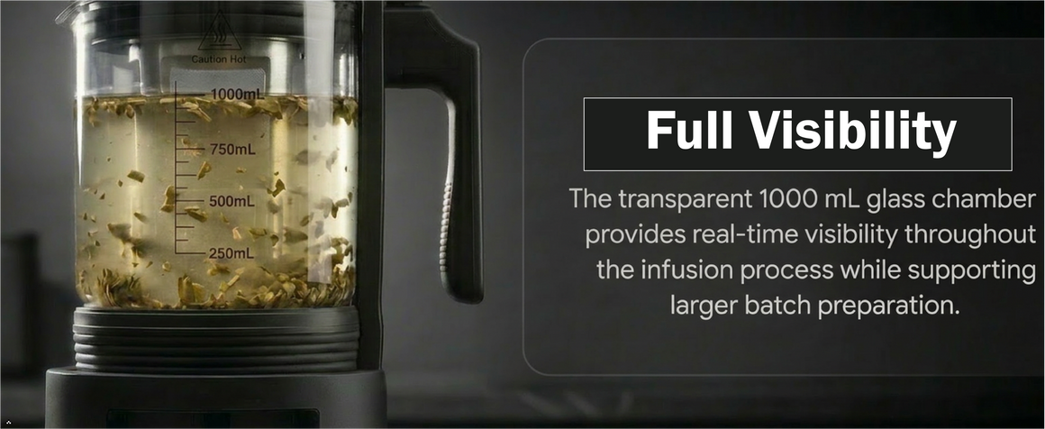 Transparent tea infuser with "Full Visibility" text.