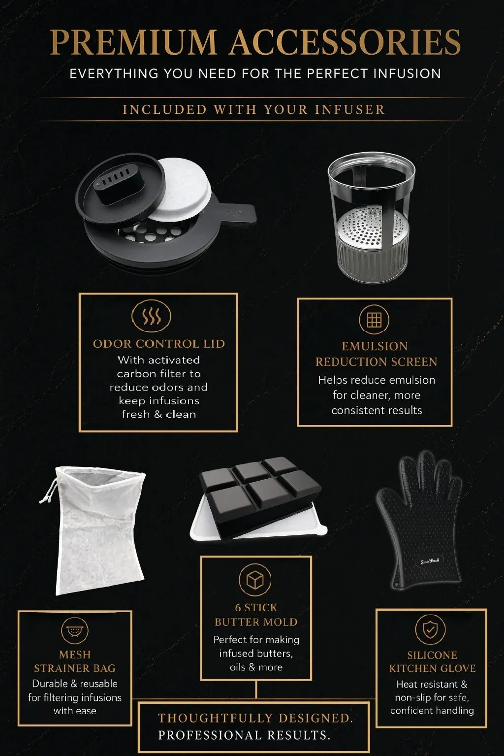 SinseFresh oil & butter infuser kit: odor control lid, emulsion screen, mesh bag, butter mold, and silicone glove.