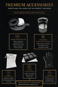 SinseFresh oil & butter infuser kit: odor control lid, emulsion screen, mesh bag, butter mold, and silicone glove.