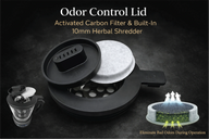 SinseFresh oil infuser lid with carbon filter & shredder, and diagram of odor elimination.