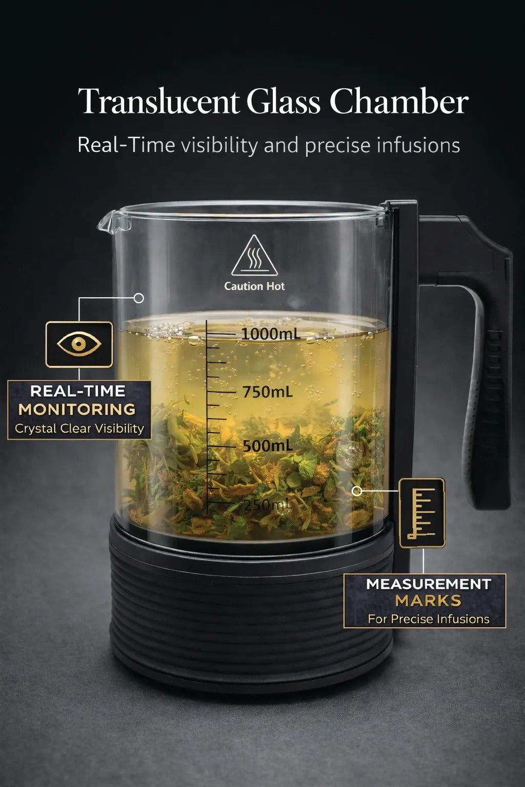 Herbal tea infuser with translucent glass chamber, measuring marks, and "Real-Time Monitoring" label.