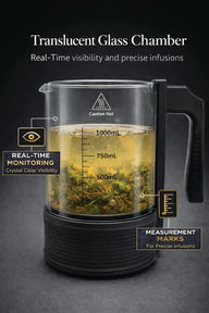 Herbal tea infuser with translucent glass chamber, measuring marks, and 