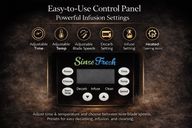 Sinse Fresh infuser control panel: adjustable time, temp, blade speeds, presets for decarb, infuse, clean.