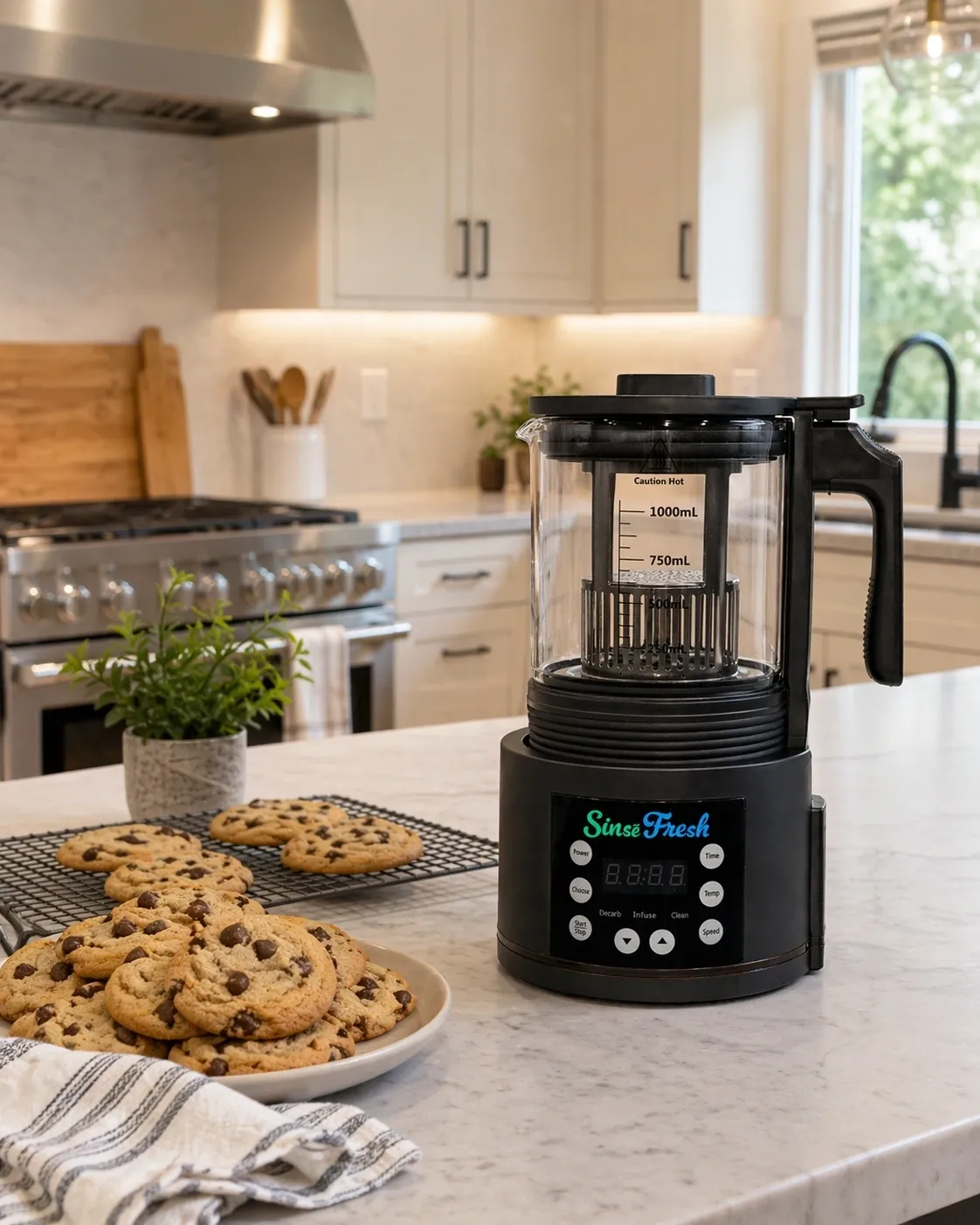 SinseFresh infuser next to chocolate chip cookies on a kitchen counter.